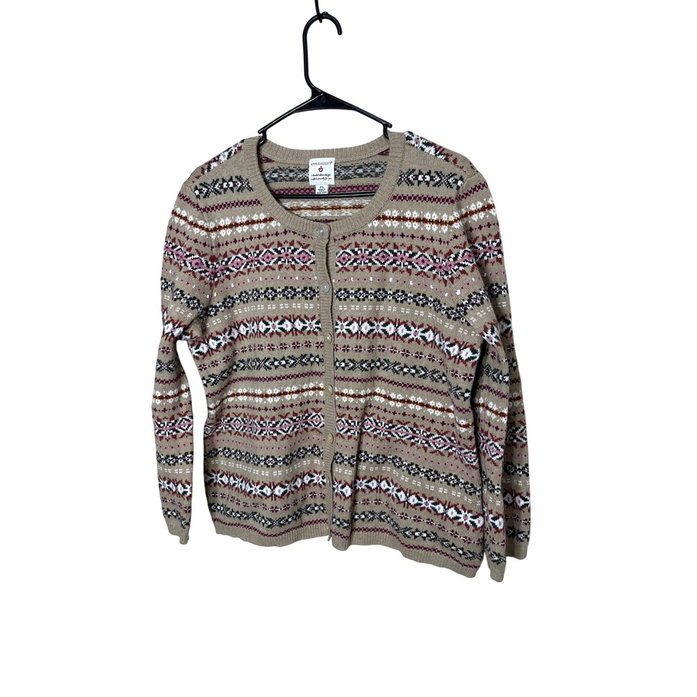 Vintage‎ Appleseeds Wool Blend PL Tan Multi Fair Isle Pattern Cardigan Sweater